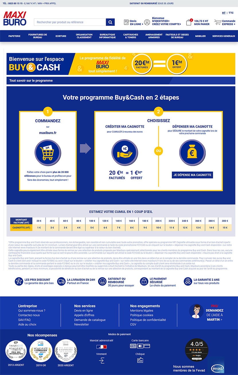 Interface de présentation du programme de fidélité