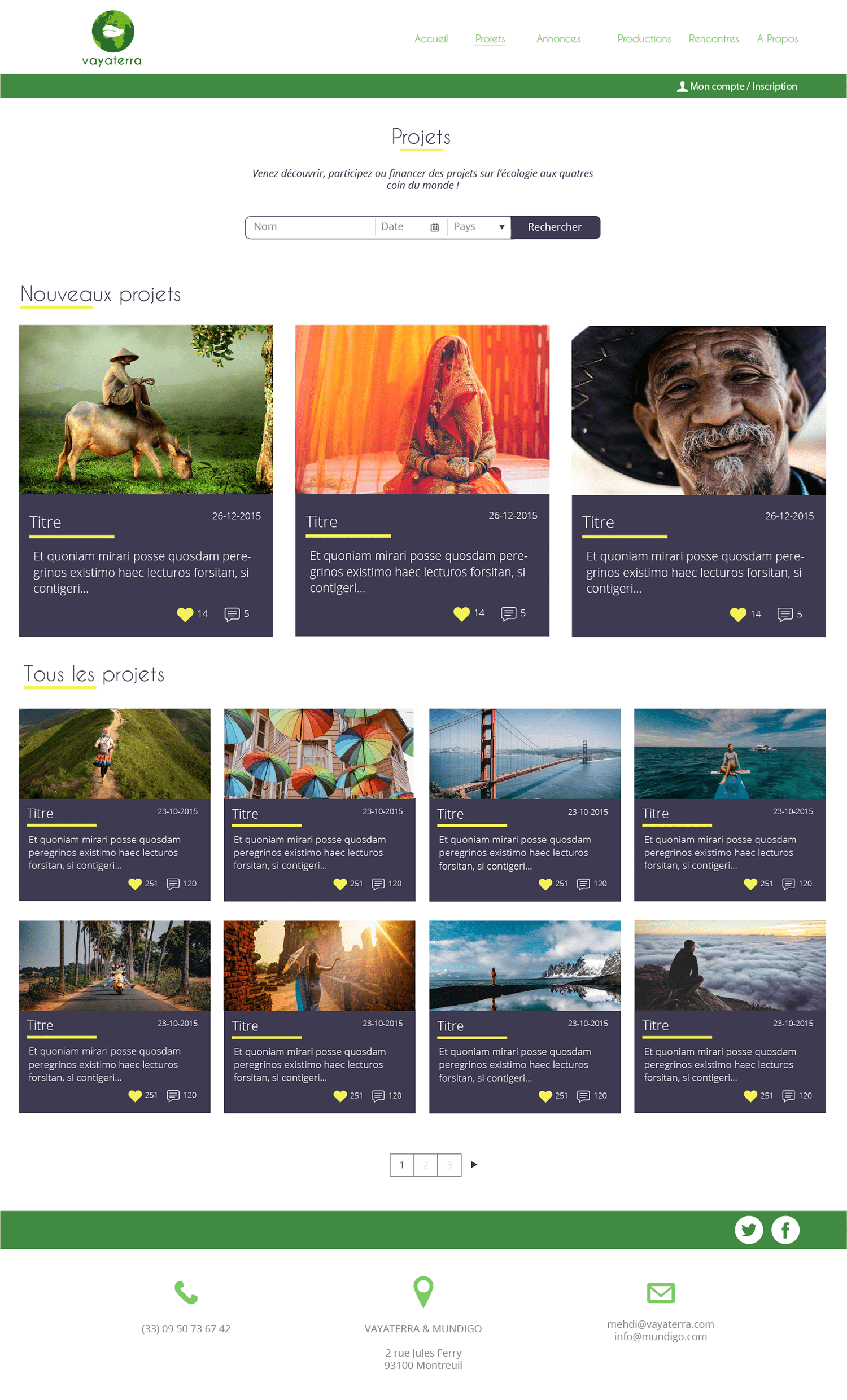 L'interface catégorie du site Vayaterra